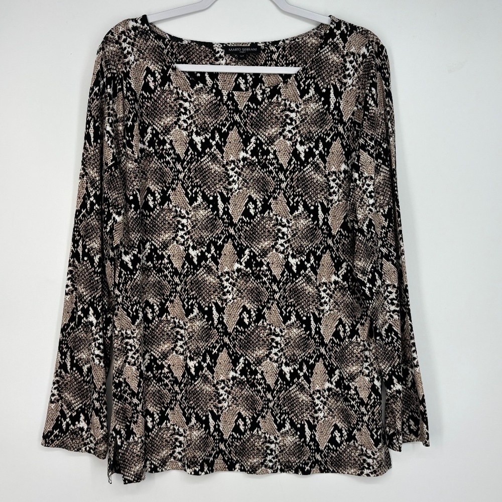 Mario Serrani Womens Large Long Sleeve Knit Top Black Beige Animal Snake Print